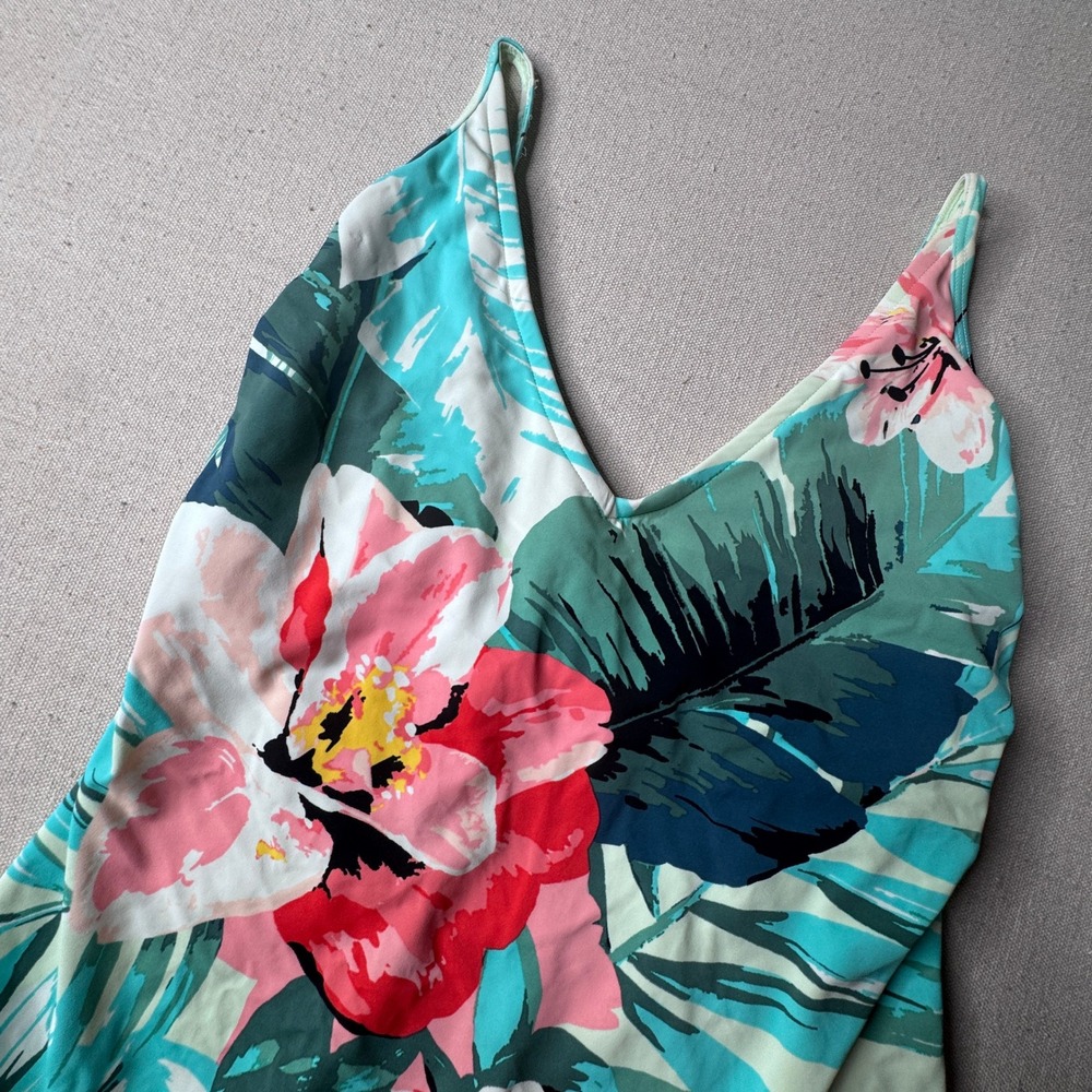 Kona Sol Womens XL Tropical Floral One Piece Swimsuit Teal Pink VNeck Cross Back